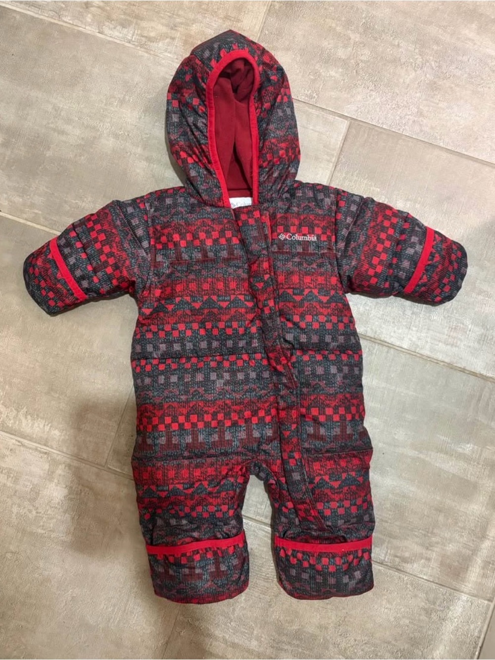 Columbia Red and Gray Patterned Hooded Infant Snow One-Piece